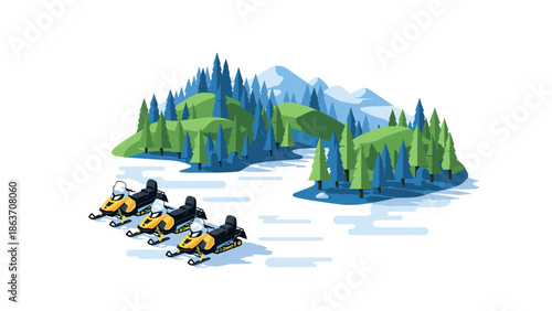 Winter adventure: snowmobiles on a scenic frozen lake with pine forest and mountains