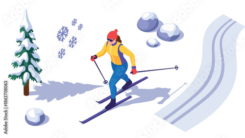 Winter skiing adventure: isometric art of skier on snowy mountain trail
