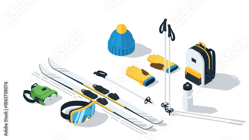Winter sports gear in isometric style featuring skis and accessories for adventure enthusiasts