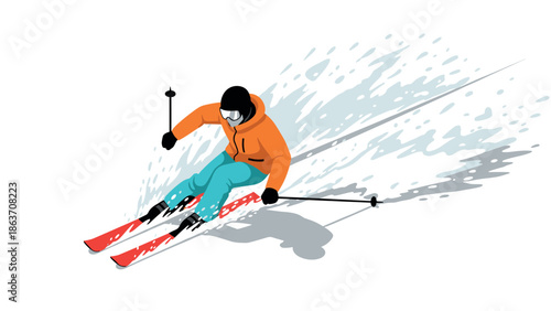 Dynamic skier in motion on snowy slope