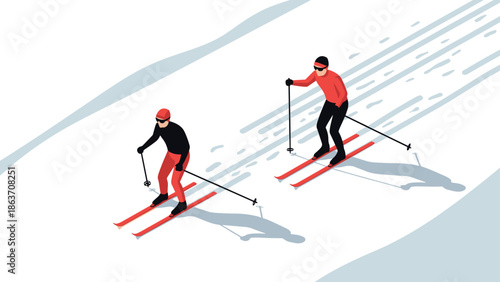 Isometric winter skiing adventure with red and black outfits on snowy slope