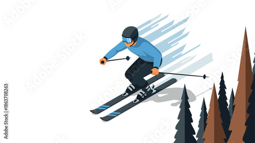 Skier in action on snowy mountain slope with pine trees in isometric style