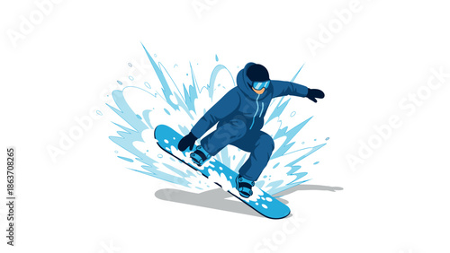 Dynamic snowboarder in action with splash of snow on white background