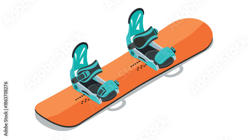 Isometric modern snowboard with vibrant bindings on white background