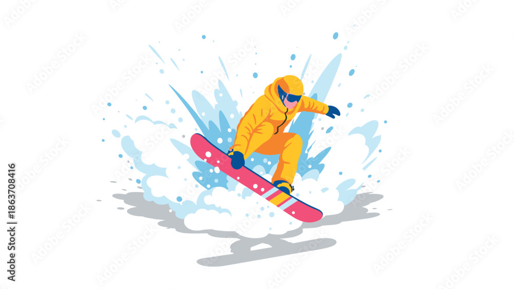 Obraz premium Colorful snowboarder in action with splashing snow and dynamic movement