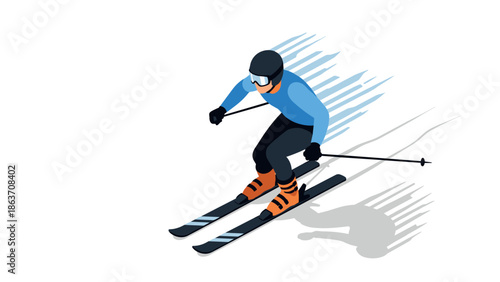 Isometric skier in motion on slopes with blue and orange gear