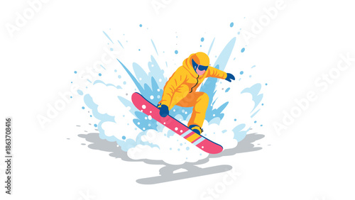 Colorful snowboarder in action with splashing snow and dynamic movement