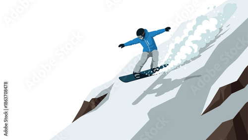 Dynamic winter sports adventure with snowboarder descending a steep mountain slope