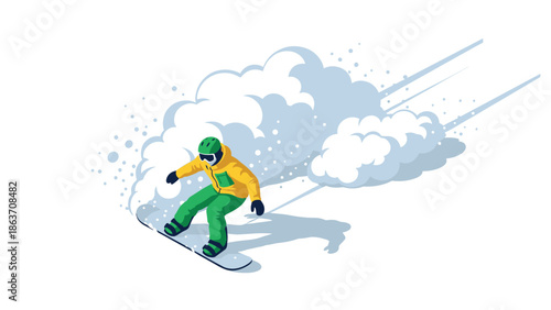 Dynamic snowboarding action with powder trail in modern isometric design