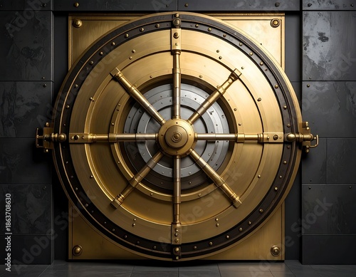 Ornate, gold and black circular vault door in a dark, tiled room