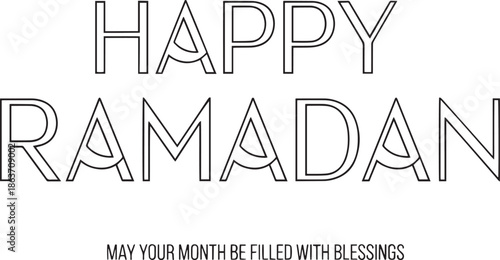 Happy Ramadan coloring page with outlined text and a blessing message for the holy month.