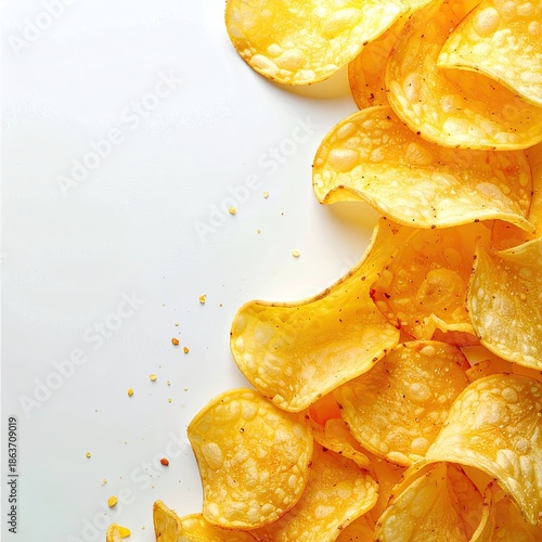 Golden, crispy potato chips spilling across a white, blank background