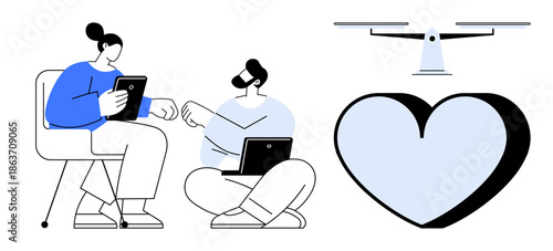 Healthcare innovation, teamwork, technology communication, quadcopter delivery, modern logistics, digital support. Two people interacting with digital devices, Quadcopter hovering near heart image