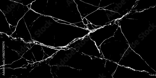 Abstract black marble background with striking white lightning-like veins and cracks, high-contrast natural stone texture, luxury dark surface, sharp detail, seamless pattern, studio lighting.