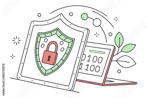 A vector graphic illustration of a laptop with a shield and lock symbolizing online security and protection
