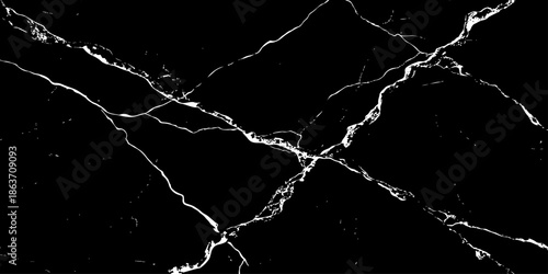 Abstract black marble background with striking white lightning-like veins and cracks, high-contrast natural stone texture, luxury dark surface, sharp detail, seamless pattern, studio lighting.