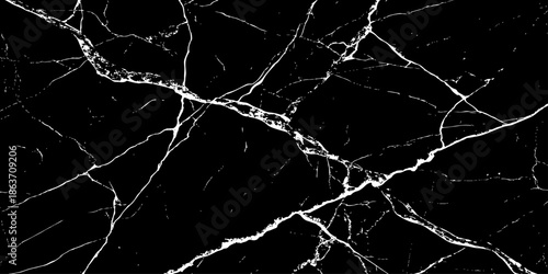 Abstract black marble background with striking white lightning-like veins and cracks, high-contrast natural stone texture, luxury dark surface, sharp detail, seamless pattern, studio lighting.