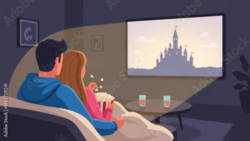 Couple sitting on couch watching movie of castle on large screen with popcorn and drinks with tv and leisure and relaxation and entertainment