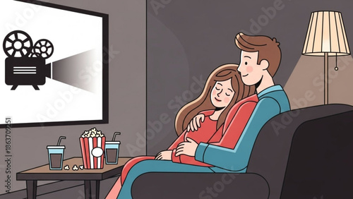Couple sitting on couch watching movie together at home, romantic evening with snacks and drinks with relaxation and leisure and entertainment