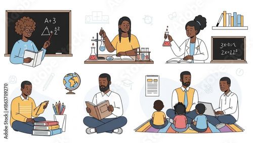 Diverse group of people engaged in educational activities with books, globe, chalkboard, and science equipment in a colorful illustration with learning