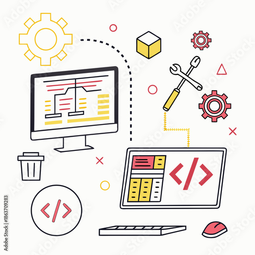 A vector graphic illustration of coding and development tools on a computer and laptop