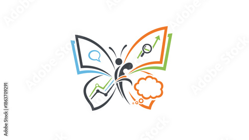 Business growth and analysis represented by a creative butterfly with icons for success, planning, and strategy, symbolizing transformation and evolution in enterprise development