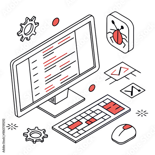 A vector graphic illustration of a computer with a bug on the screen