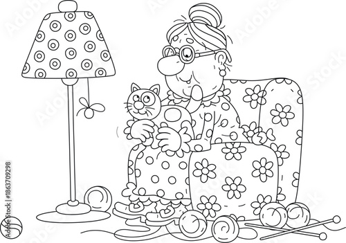 Cute granny caressing her funny cat in a cozy soft armchair by a floor lamp, black and white outline vector cartoon illustration for a coloring book