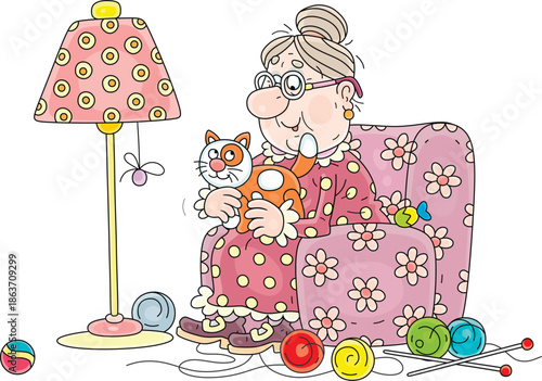 Cute granny caressing her funny cat in a cozy soft armchair by a floor lamp, vector cartoon illustration on a white background