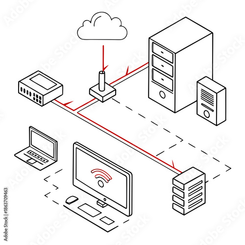 A vector graphic illustrating a computer network with wireless internet connection