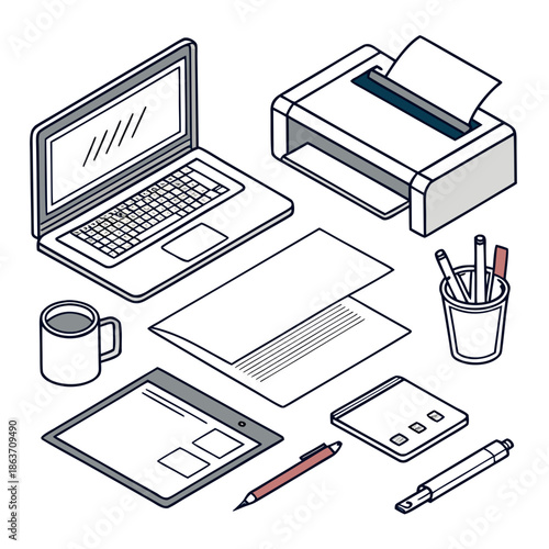 A minimalist office workspace with a laptop, printer, and stationery