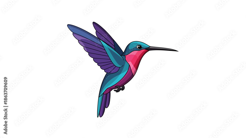 Fototapeta premium Vibrant hummingbird illustration in mid-flight, showcasing brilliant tropical colors of purple, blue, and pink, capturing the essence of agility and natural beauty in a stylized vector design