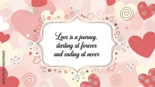 Valentine's day card with quote, love journey, heart decorations, romantic background with valentine s day and forever and never and sentimental