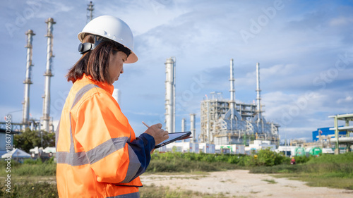 A worker in safety gear is checking notes on a tablet while standing near an industrial plant. The setting is bright and shows large equipment in the background