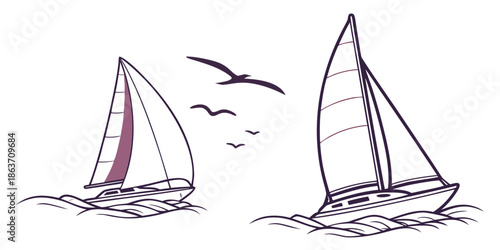 A minimalist vector illustration of two sailboats on the water with seagulls flying overhead