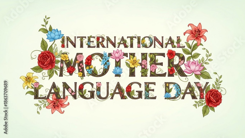 International mother language day celebration with colorful floral design and typography on cream background with Cultural diversity and Multicultural