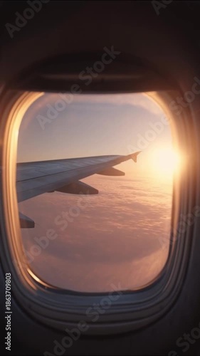 View from Airplane Window with Wing Above Soft Clouds at Sunrise, Peaceful Aviation and Air Travel Journey