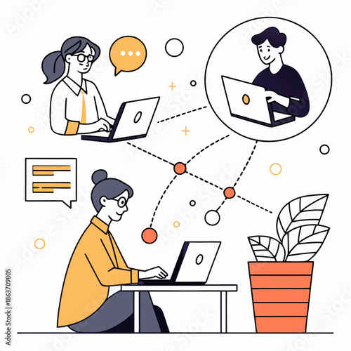 A vector graphic illustration of people working on laptops and collaborating remotely