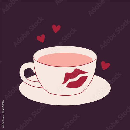 White Cup with Red Lipstick Kiss Mark and Hearts, romantic clipart for Valentine's Day