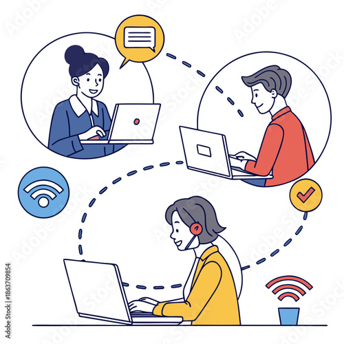 A vector graphic illustration of people working on laptops and communicating remotely