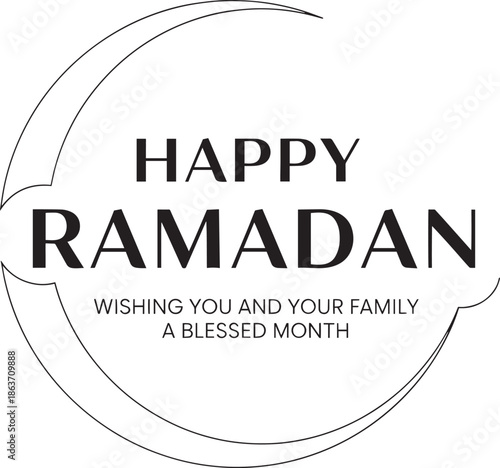 A black and white graphic wishing Happy Ramadan with a crescent moon outline and a blessing message.