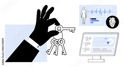 Network security, data access control, healthcare systems, cybersecurity, medical technology, digital access. A hand holds keys with a medical interface and heart monitor. Network security