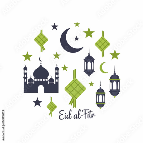 Islamic Eid al-Fitr Celebration Symbols Mosque Lanterns Ketupat Stars.