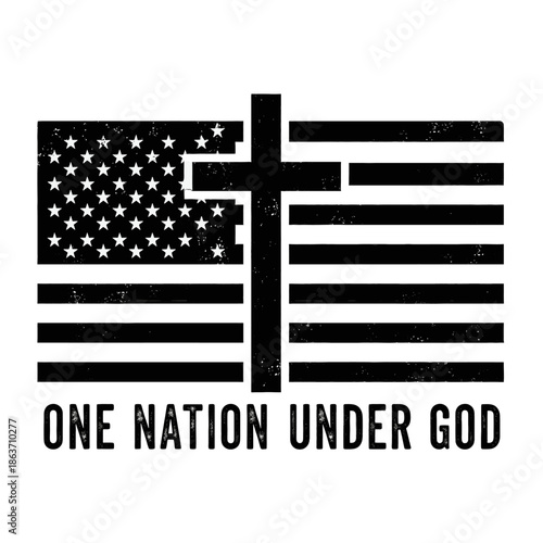 American flag with cross and One Nation Under God text, patriotic symbol