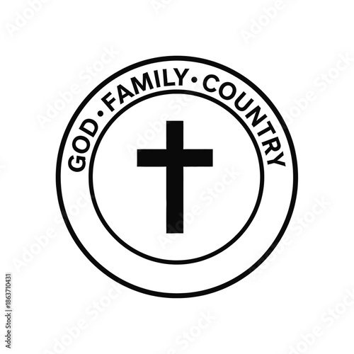 Christian cross symbol with God, Family, Country text for religious and patriotic designs