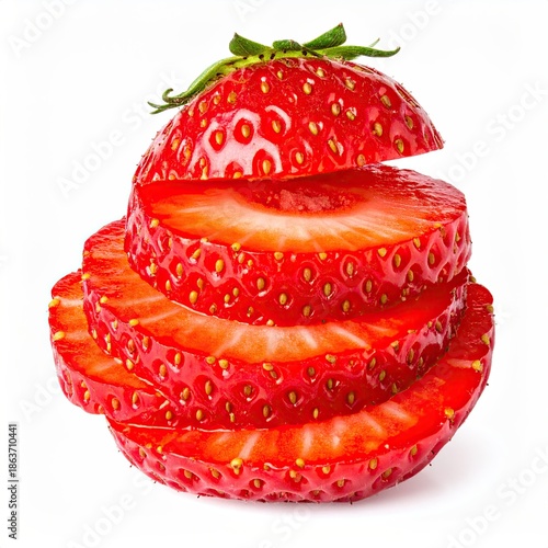 Sliced ripe strawberry, stacked neatly, with green leafy stem
