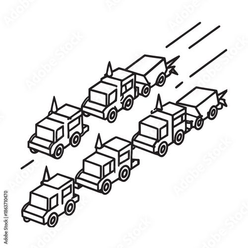 Stylized Line Art Illustration of Trucks in Motion on a White Background