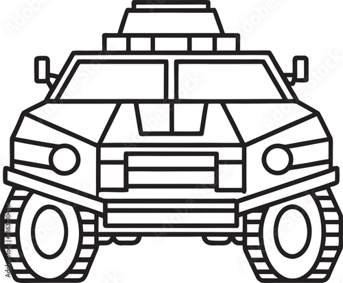 Stylized Line Art Illustration of an Armored Vehicle with Large Tires