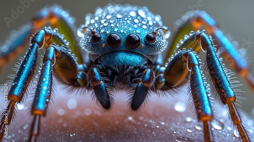 Close-Up Action of Vibrant Spider, Nature Scene, Macro Photography, Rainy Environment, Detailed View, Insect Concept