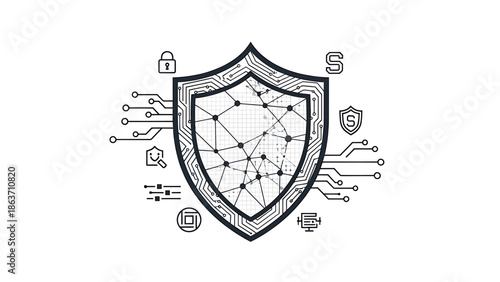 Cybersecurity Shield Concept with Interconnected Digital Network and Protective Circuitry, Illustrating Data Security and Information Privacy